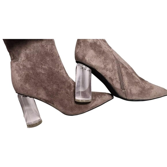 Jeffrey Campbell Lustful Suede Bootie Lucite Heel Size 9.5 Taupe Side Zip - Picture 3 of 7